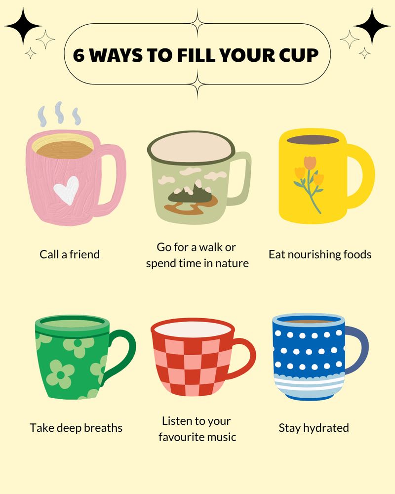 Illustration titled "6 Ways to Fill Your Cup" showing six colorful cups, each labeled with a self-care tip like calling a friend, walking in nature, eating well, deep breathing, listening to music, and staying hydrated.