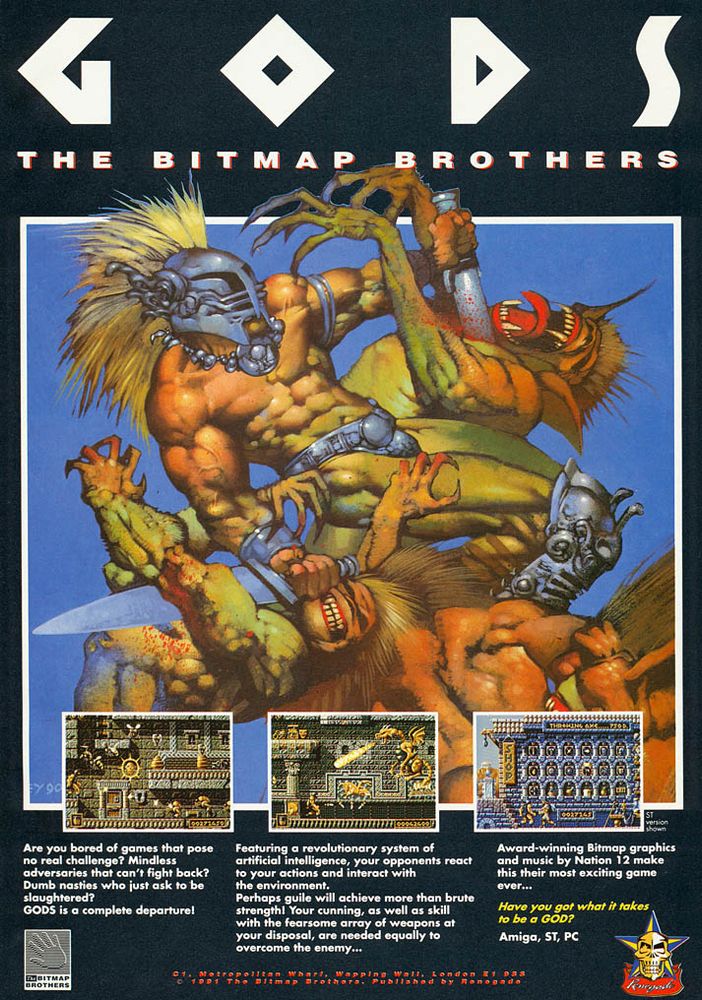 A magazine advert for Gods by The Bitmap Brothers