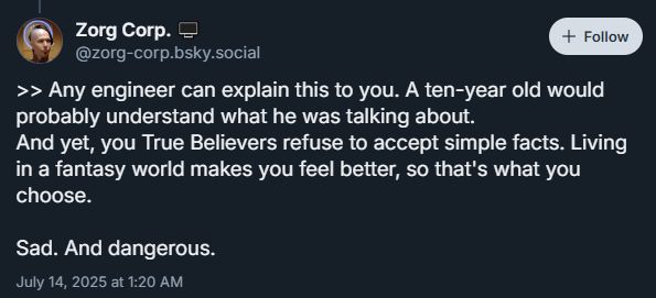 A screenshot of the previously quoted post from "zorg corp" laying on the anti-renewable FUD