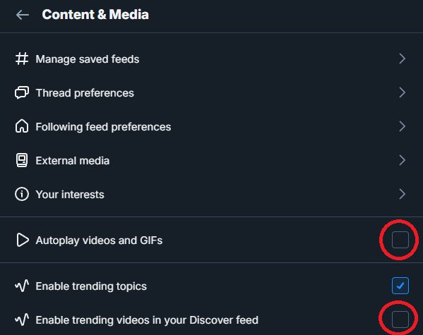 A screenshot of the "Content & Media" sub-section. "Autoplay videos and GIFs" and "Enable trending videos in your Discover feed" are botgh highlighted and are unchecked.