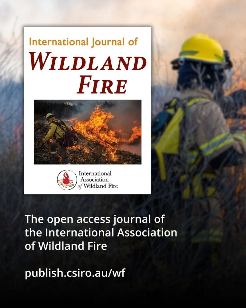 The cover of International Journal of Wildland Fire, with the caption "The open access journal of the International Association of Wildland Fire; publish.csiro.au/wf". In the background is a photo of a firefighter wearing protective gear in a smokey scrubland environment.