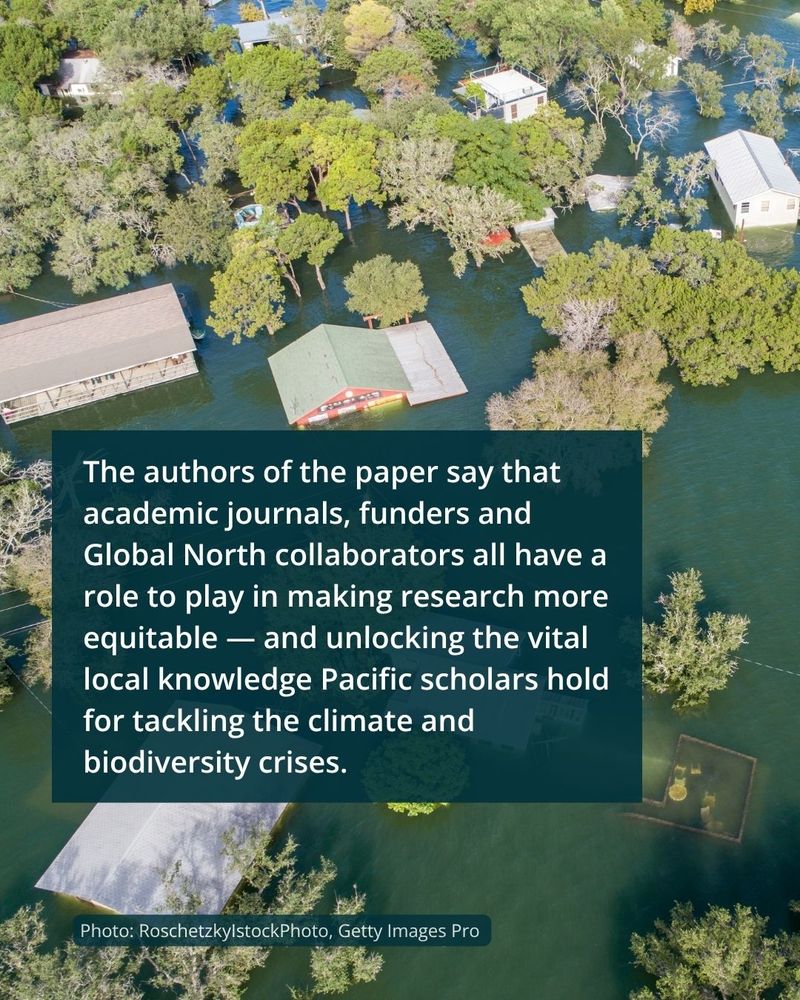 An aerial view of a flooded town with only roofs and treetops peaking out of the opaque green water. A caption tells us: "The authors of the paper say that academic journals, funders and Global North collaborators all have a role to play in making research more equitable — and unlocking the vital local knowledge Pacific scholars hold for tackling the climate and biodiversity crises." The photo is credit as being by RoschetzkyIstockPhoto, Getty Images Pro.