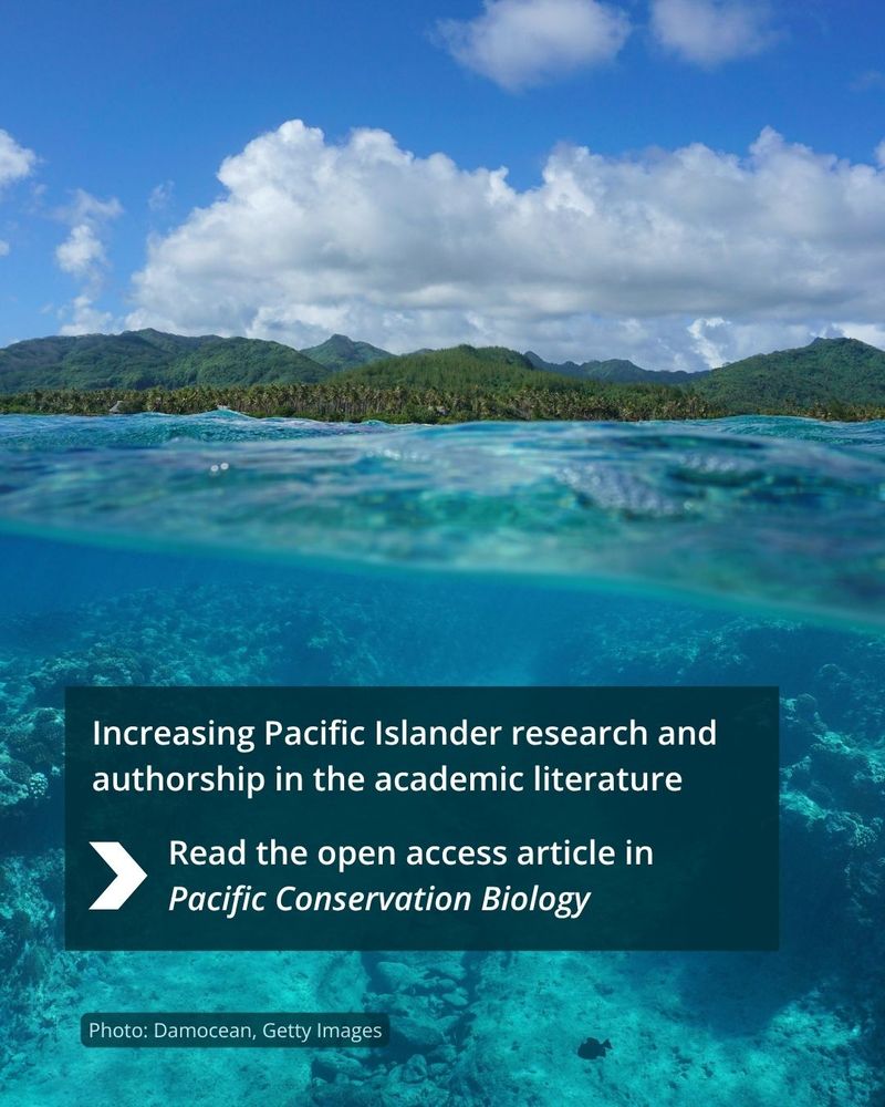 The view is both over and under the sea's surface, of a Pacific island and the underwater ocean floor. A caption invites us to read an open access article in Pacific Conservation Biology titled 'Increasing Pacific Islander research and authorship in the academic literature'. The photo is credited as being by Damocean from Getty Images.