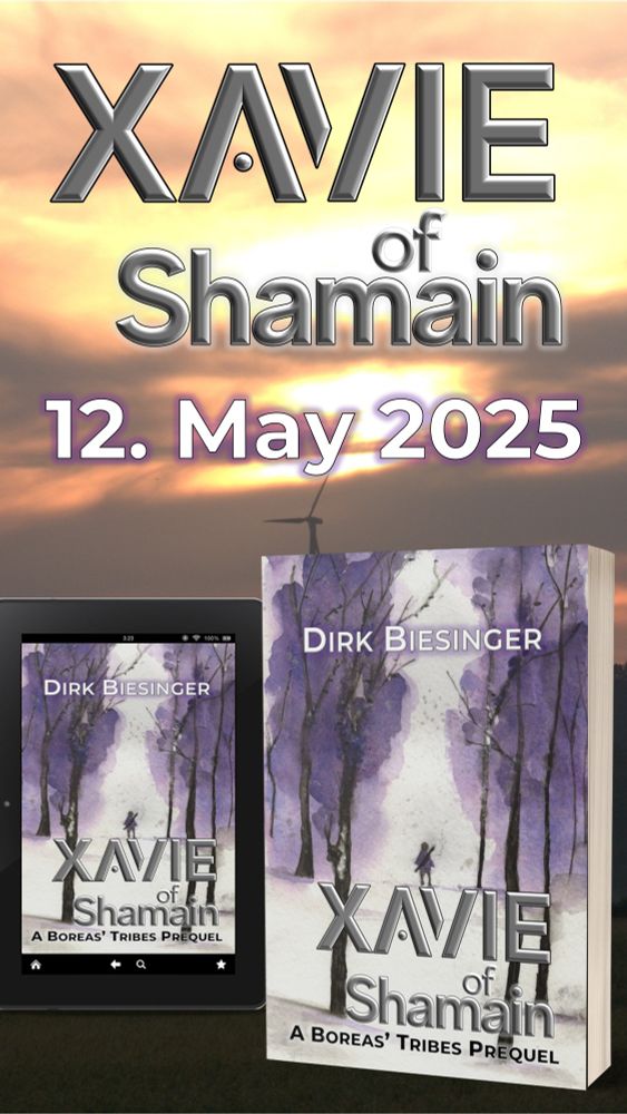 slide 10 alt:
Book cover Xavie of Shamain by Dirk Biesinger. The cover shows an aquarelle of Young Xavie as silhouette walking on a road in the woods. It depicts his journey to The Academe, into an unknown future, having left behind all that is dear to him. On a background of a view of sky of storm clouds breaking up after a thunderstorm with the evening sun shining throughthe gaps. Text on image: Xavie of Shamain 12. May 2025. the poster is a Release Day announcement
