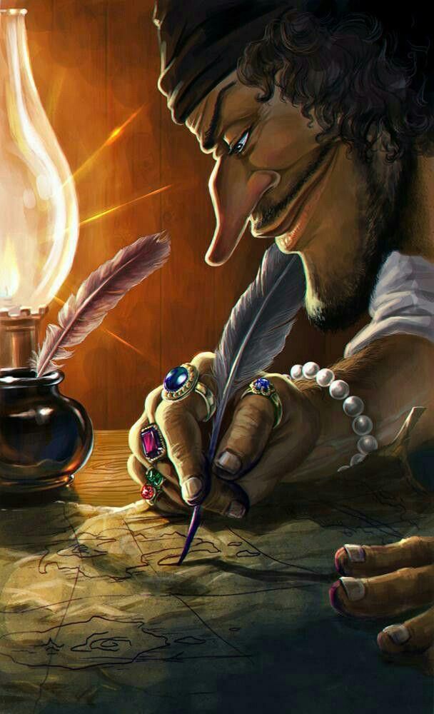 man smiling and writing on map with feather quill pen in candlelight