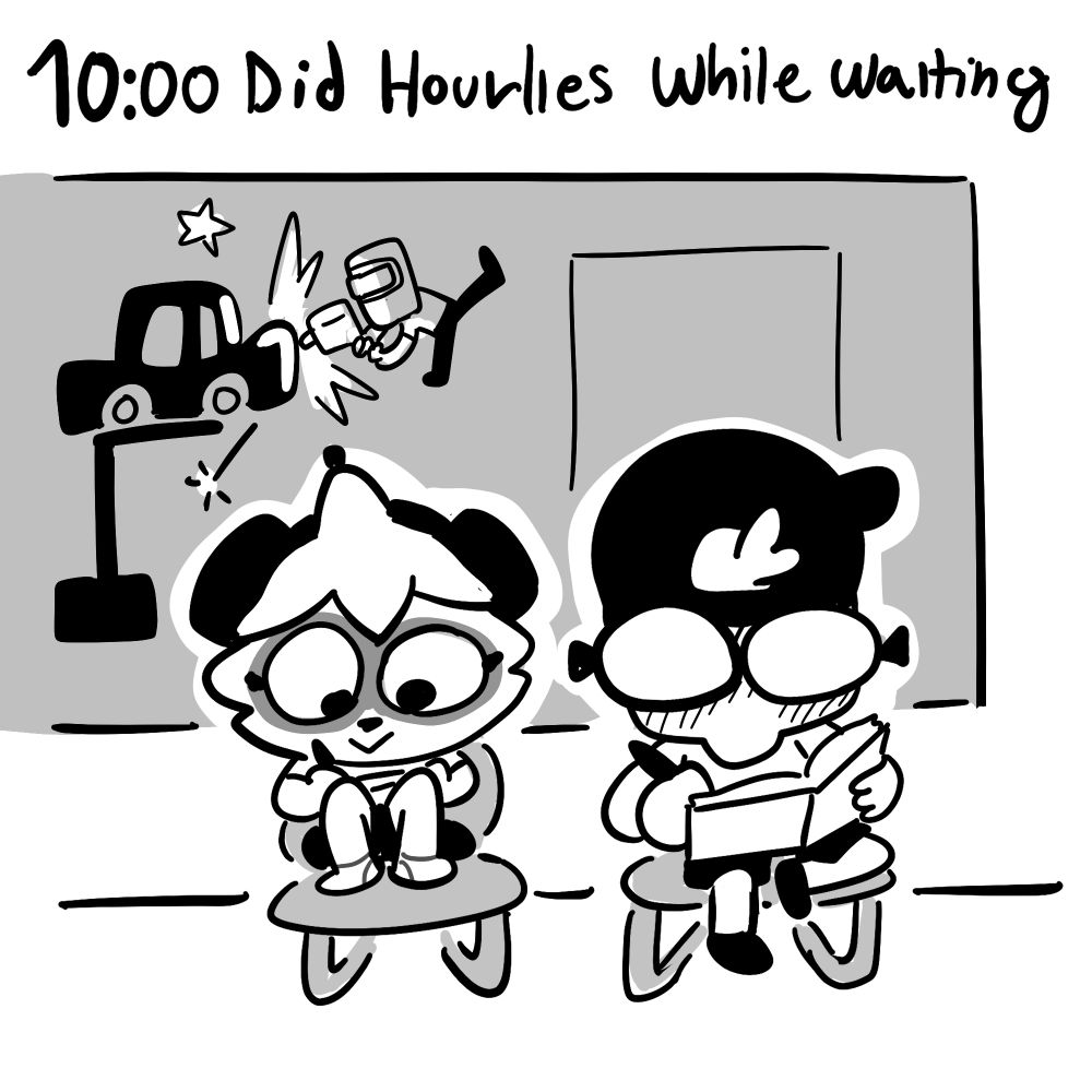 10AM: Did hourlies while waiting.
Me and Kiri sketch on our sketchbooks, in the back, through a window, you can see someone working on my car