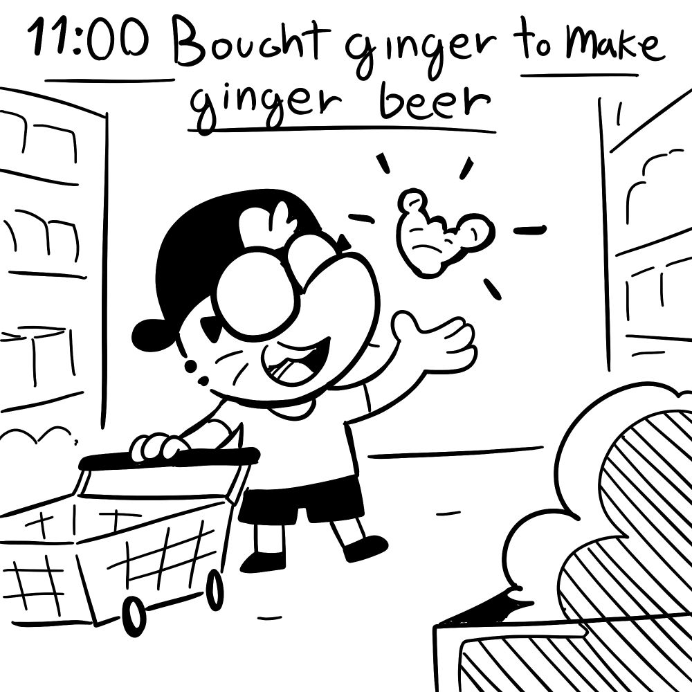 Hourlies 11AM: Bought ginger to make ginger beer.

I stand on a grocery store aisle, with a little piece of ginger floating above my hand, I look at it, looking happy!