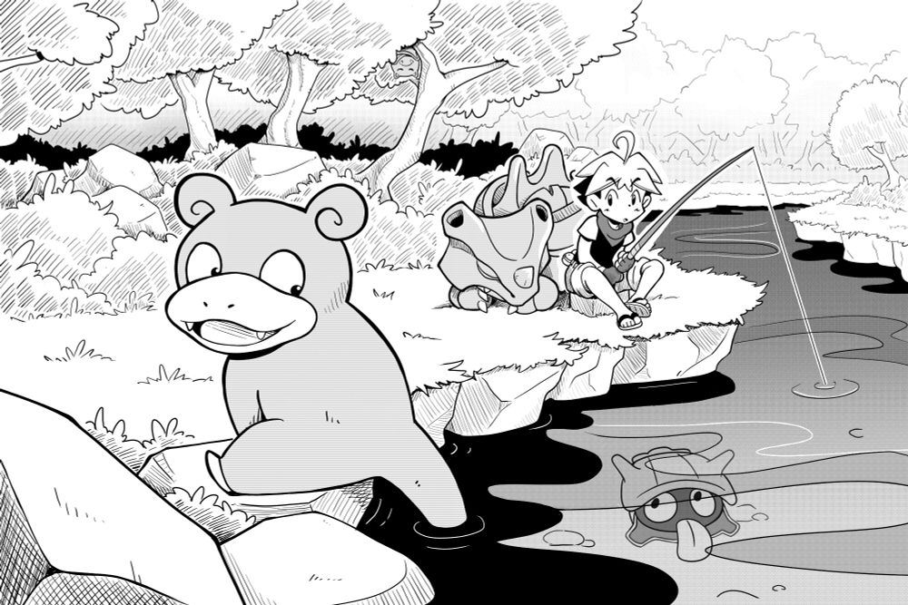 Desenho finalizado de um treinador pokemon pescando, olhando prum slowpoke pescando com o rabo