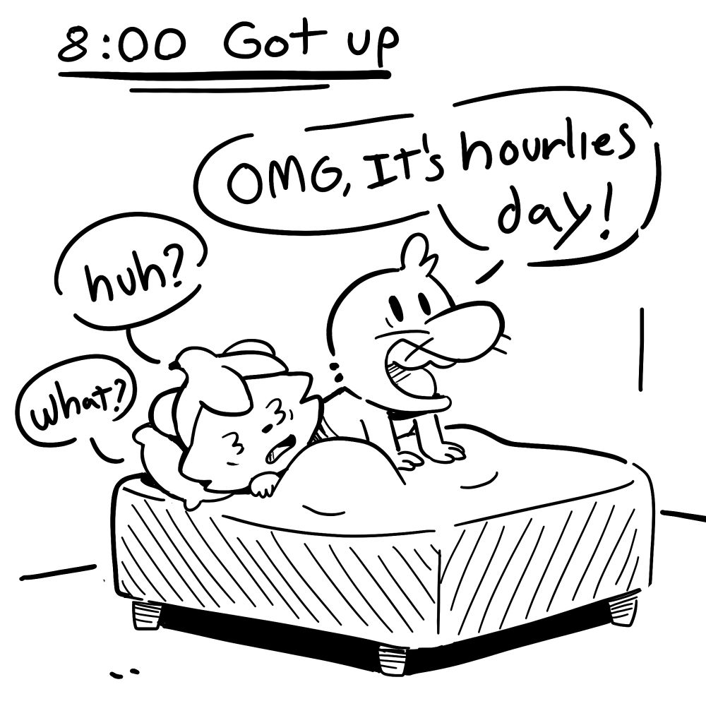 Hourly comic for 8AM: Got up

I jump out of bed, yelling "OMG It's hourlies day!". My partner's raccoon persona wakes up next to me, looking tired. They say "Huh? What?"