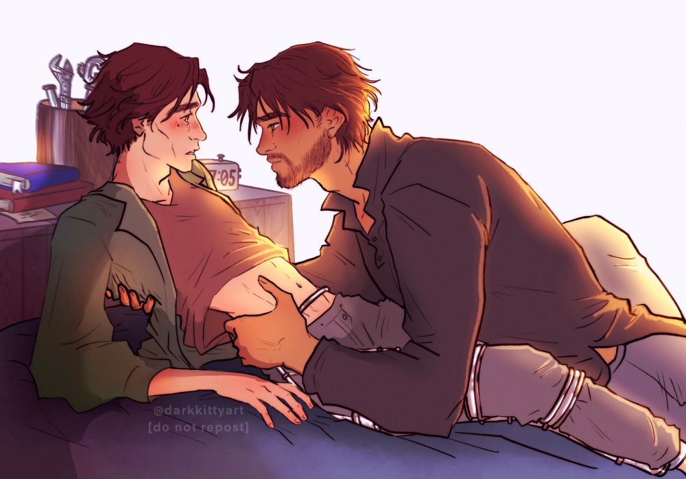 Jayce lovingly and desperately holds onto Viktor. Viktor surprised by Jayce’s actions. Both on Viktor’s bed. The soft glow of a lamp bathing them in light.