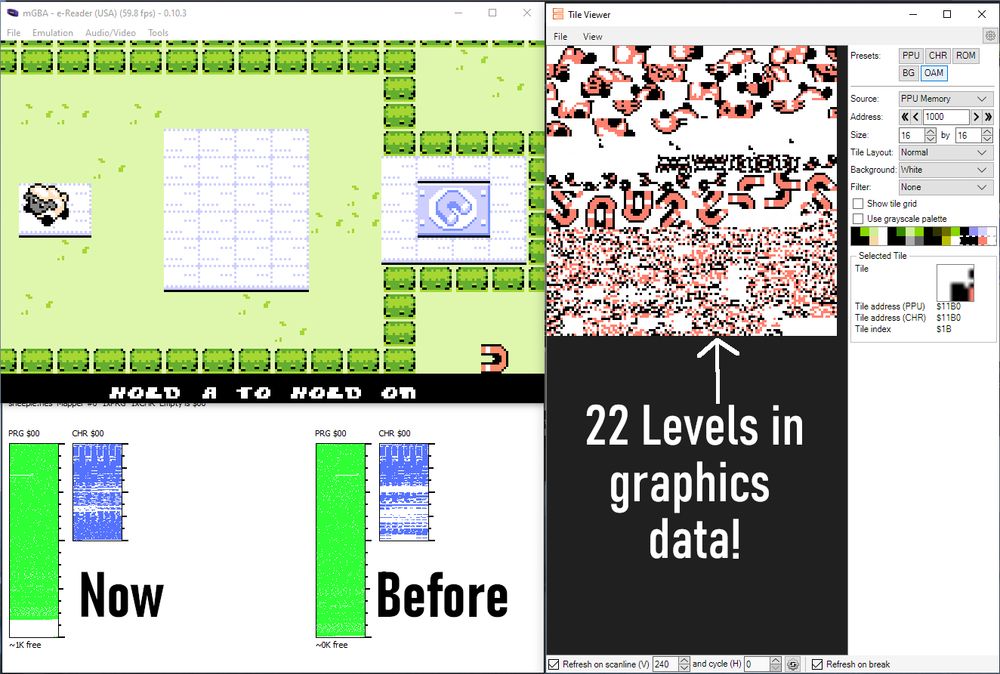 Screenshot of the game combined with graphics data showing the compressed game data, as well as a comparison of free space in the rom before and after.
