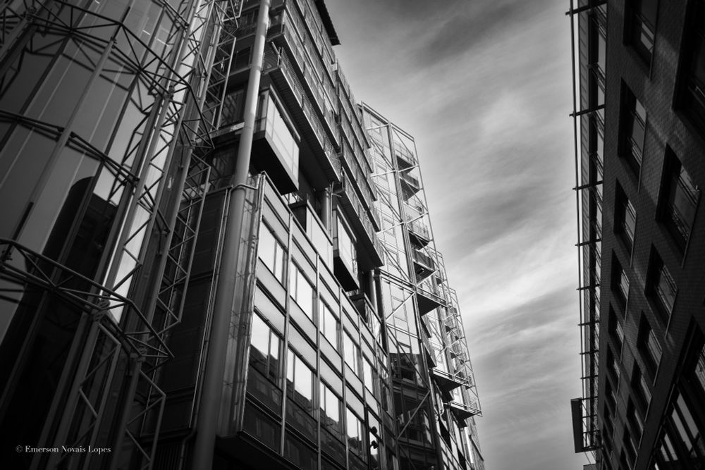 Photography. Black and white. The sleek architecture of steel and glass of the Tjuvholmen neighborhood in Oslo, Norway.