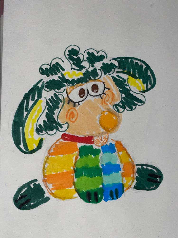 little sketchy of twitch streamer jules! drew them as a funny silly doggy. cute striped arms with the left being a dark green and a light green, the right arm with darker blue and light blue! their body is orange and yellow striped with green back feet! tongue is out in a blep.
