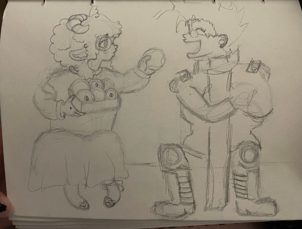 80s anime style sketch/work in progress of twitch streamer julesy woolsy holding a box of donuts and handing one to vash the stampede from trigun