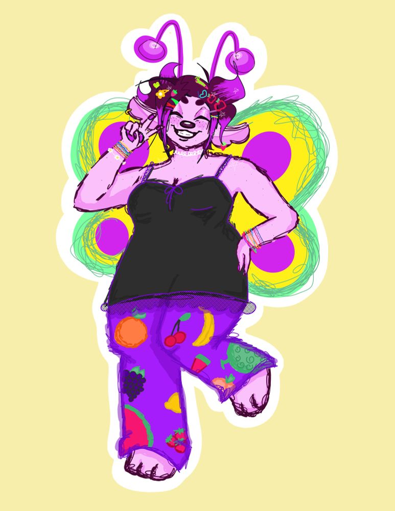 colored digital fanart of vtuber bignosebug. she is posing with a hand on her hip and her other hand in a peace/victory sign. her grin is large and her eyes are closed. one leg is in the air and the other is on the ground.