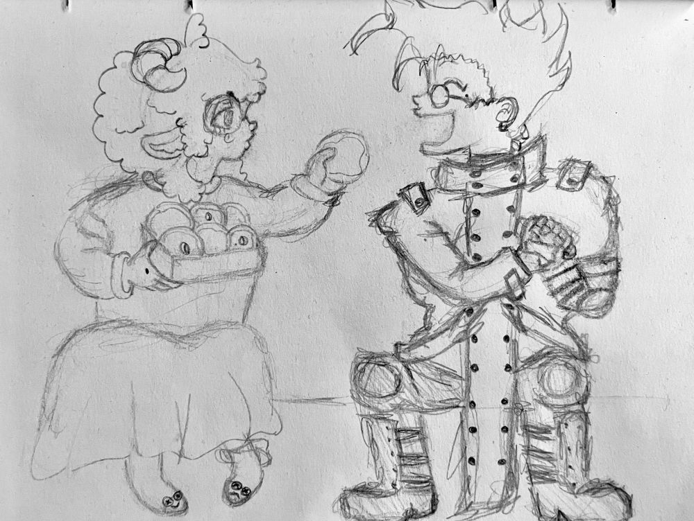 twitch streamer jules in casual wear sitting next to vash trigun, they are handing him a donut and vash is sitting with his hands clasped waiting to eat said donut.