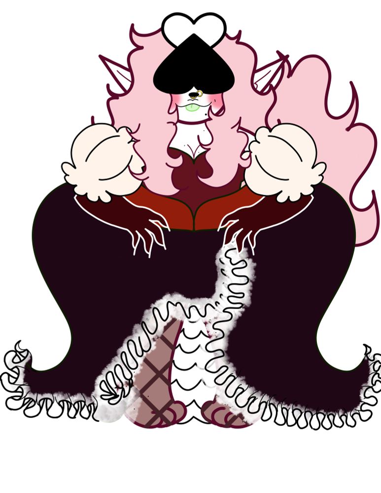 deltarune sona of phoenix. he’s based on the queen of hearts card. he is wearing a rococo style dress with a slit in the leg. it is in various shades of red. they are depicted with a black mask similar to that of lancer and king, instead of a spade it is a heart. he is wearing fishnets on his legs and clawed gloves on his hands. they have their green tongue sticking out like how their son and ex husband do. they have a pleasant expression on their face with blushing  cheeks. 