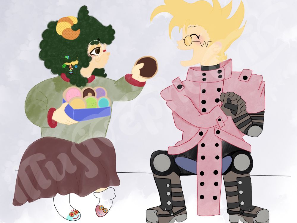 digital art of twitch streamer jules sitting with vash from trigun, jules has donuts in their lap and she is handing a chocolate donut to him, alternative glasses versions with glass sheen