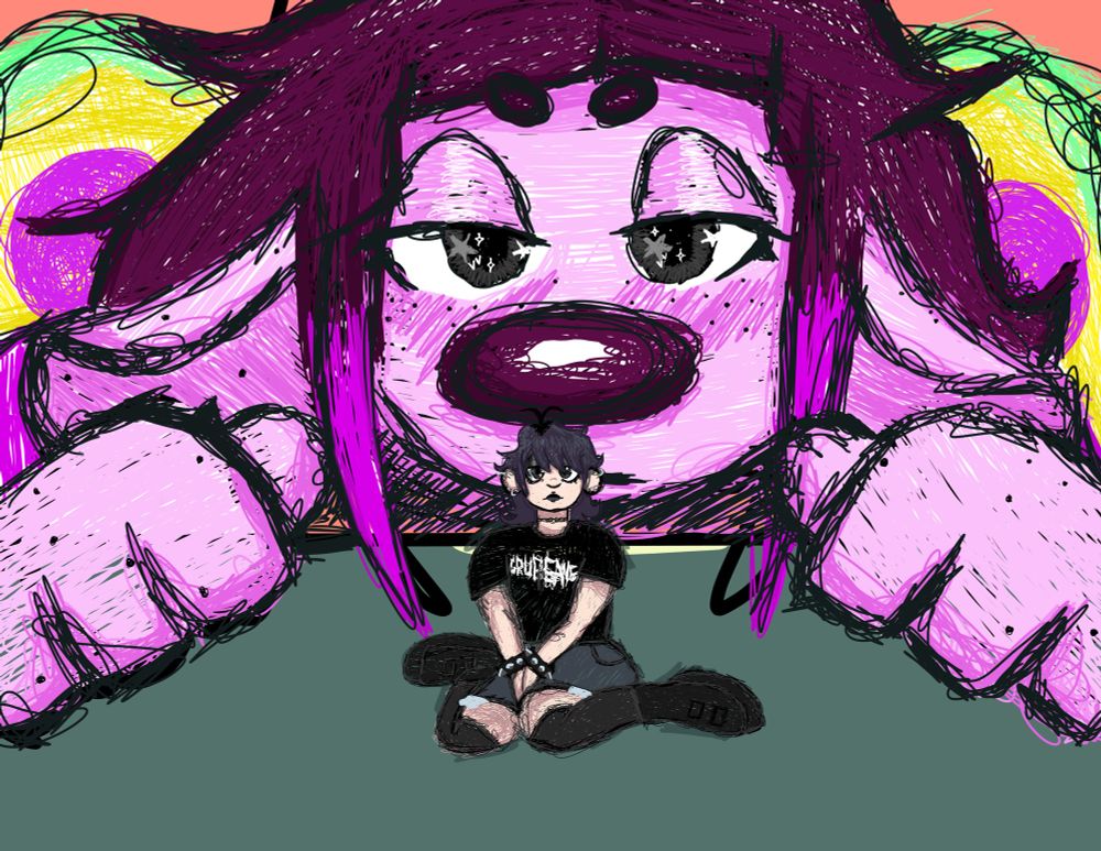 alt text: digital colored fanart of vtuber bignosebug and her other self frankie. bug is huge and looming over frankie. frankie is sitting in a w pose and is looking at the viewer.