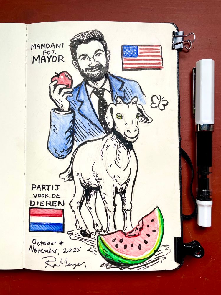 Sketchbook with drawing of Mamdani eating an apple and a goat chomping on a watermelon. 