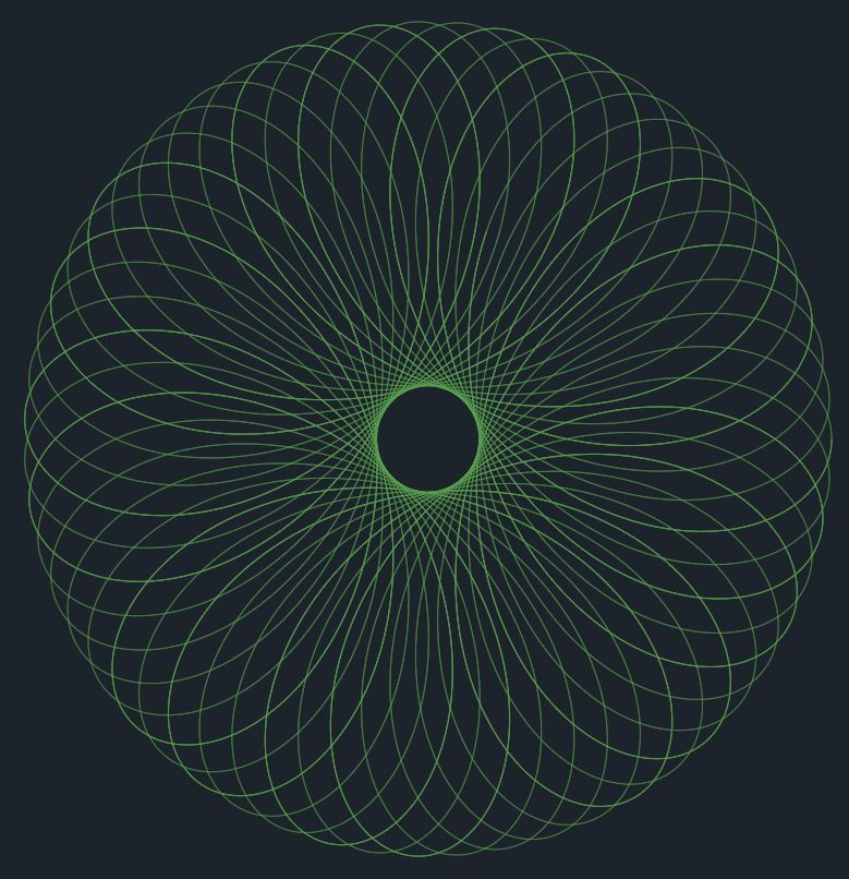 Hypotrochoid shape in green on black background (R=110, r=86, d=31). 