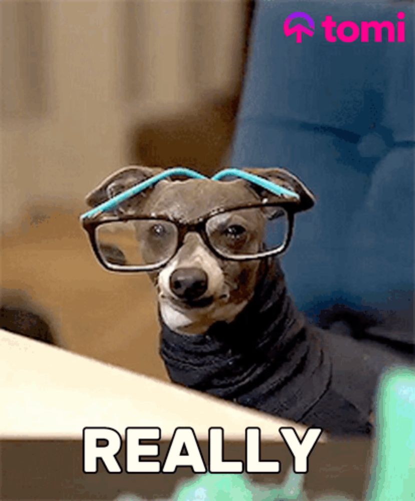 a dog wearing glasses and a turtleneck is sitting at a desk and says really .