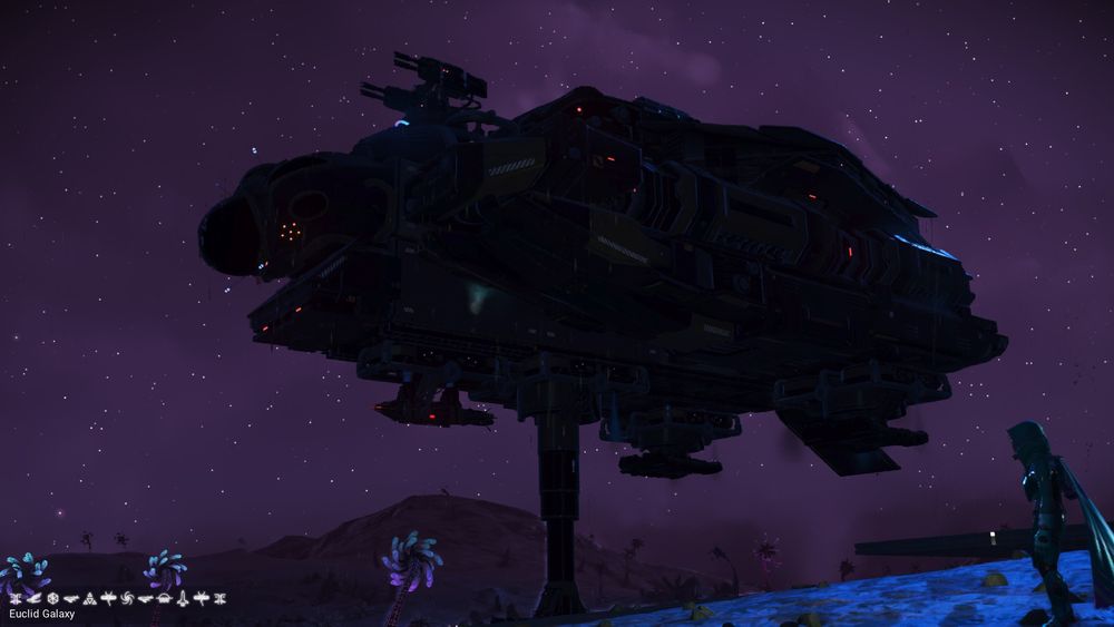 A corvette in No Man's Sky balancing on one several-meters-long landing strut. 