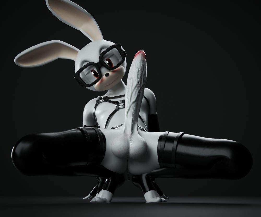 Bel squatting, wearing black latex stockings and his harness, the mobian rabbit showing off his goods. Precum drips down his shaft and off his balls.