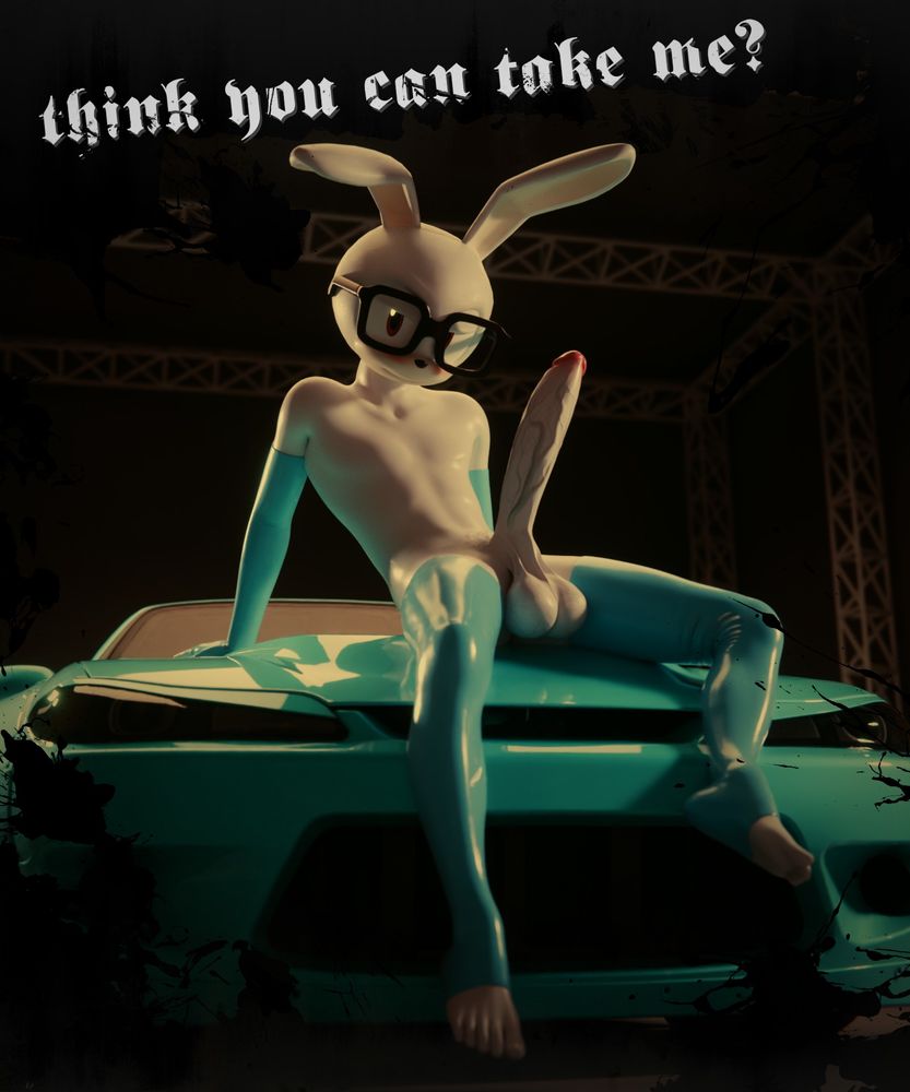 "Think you can take me?"
The mobian rabbit sits on the hood of a Nissan Silvia S15, wearing long latex stockings and gloves. Other than those and his glasses, he's nude (because of course he is).