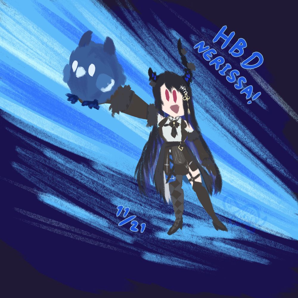 Nerissa Ravencroft, HoloLive vTuber, presenting a plush(?) jailbird with one hand.
There's a very brief wish for a Happy Birthday and today's date (Nov. 21)