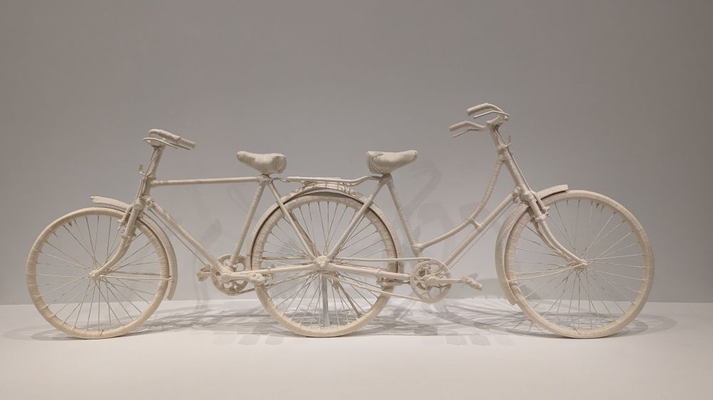 Un vélo impossible à trois roues et deux guidons.