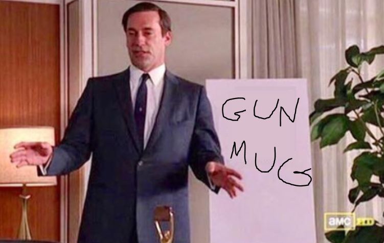 don draper next to a white board that says GUN MUG