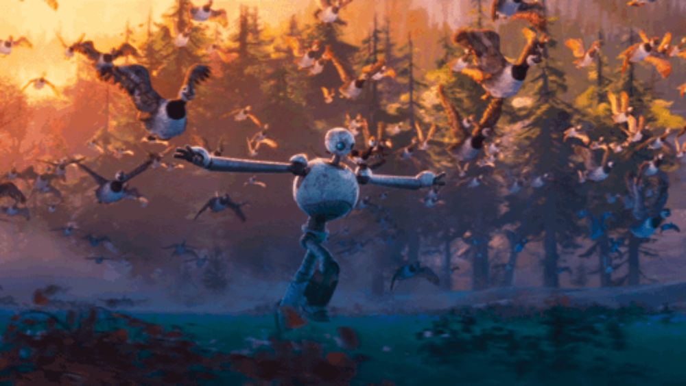 a painting of a scarecrow with birds flying around him