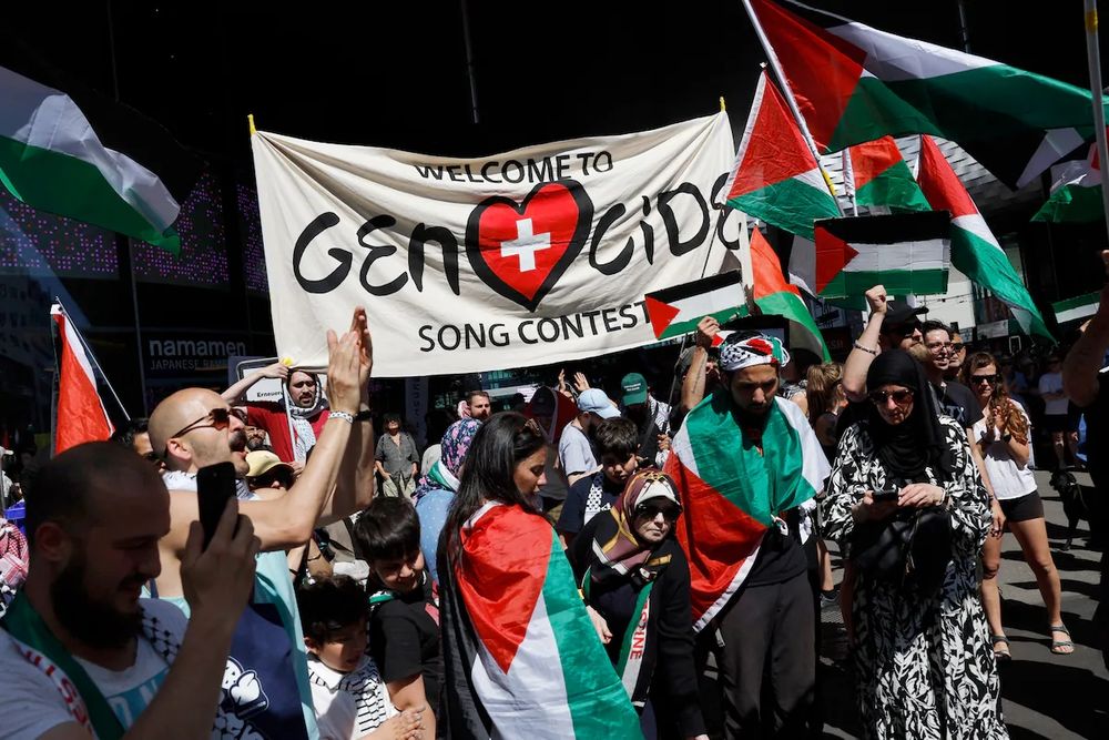 Protestas propalestinas contra a participación de Israel en Eurovision o pasado 11 de maio de 2025.