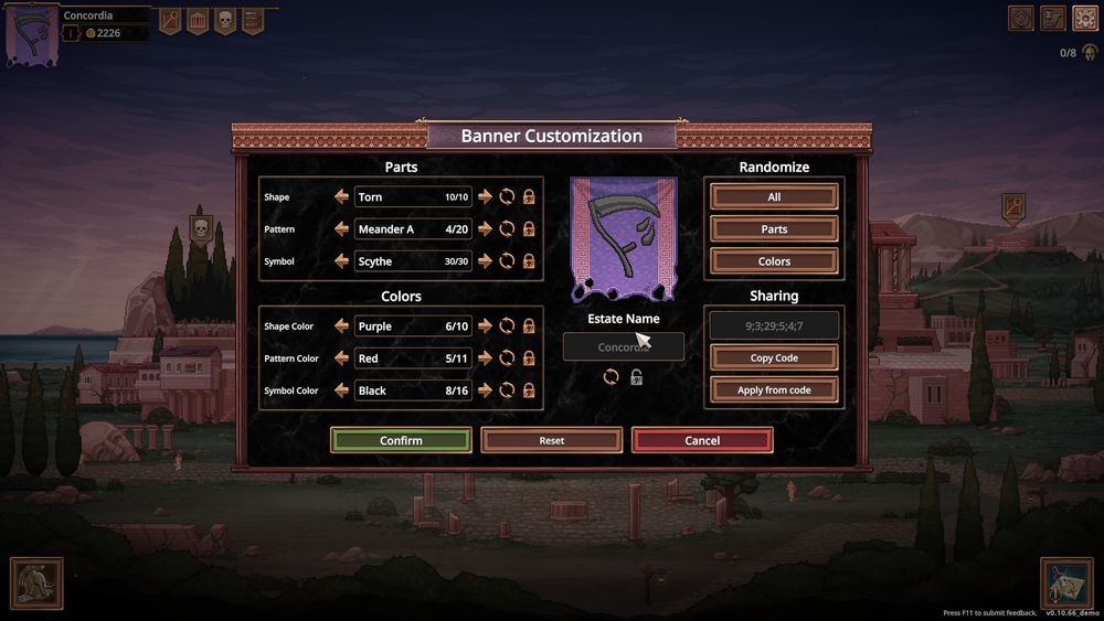 This screenshot shows the banner customization for the player owned Ludus/ estate in the game Bloodgrounds. The primary focus here is that one of the options for the symbol is a Scythe