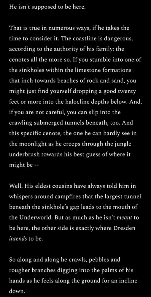 Screenshot of the following text: 

He isn't supposed to be here. 

That is true in numerous ways, if he takes the time to consider it. The coastline is dangerous, according to the authority of his family; the cenotes all the more so. If you stumble into one of the sinkholes within the limestone formations that inch towards beaches of rock and sand, you might just find yourself dropping a good twenty feet or more into the halocline depths below. And, if you are not careful, you can slip into the crawling submerged tunnels beneath, too. And this specific cenote, the one he can hardly see in the moonlight as he creeps through the jungle underbrush towards his best guess of where it might be -- 

Well. His eldest cousins have always told him in whispers around campfires that the largest tunnel beneath the sinkhole’s gap leads to the mouth of the Underworld. But as much as he isn't meant to be here, the other side is exactly where Dresden intends to be. 

So along and along he crawls, pebbles and rougher branches digging into the palms of his hands as he feels along the ground for an incline down. 
