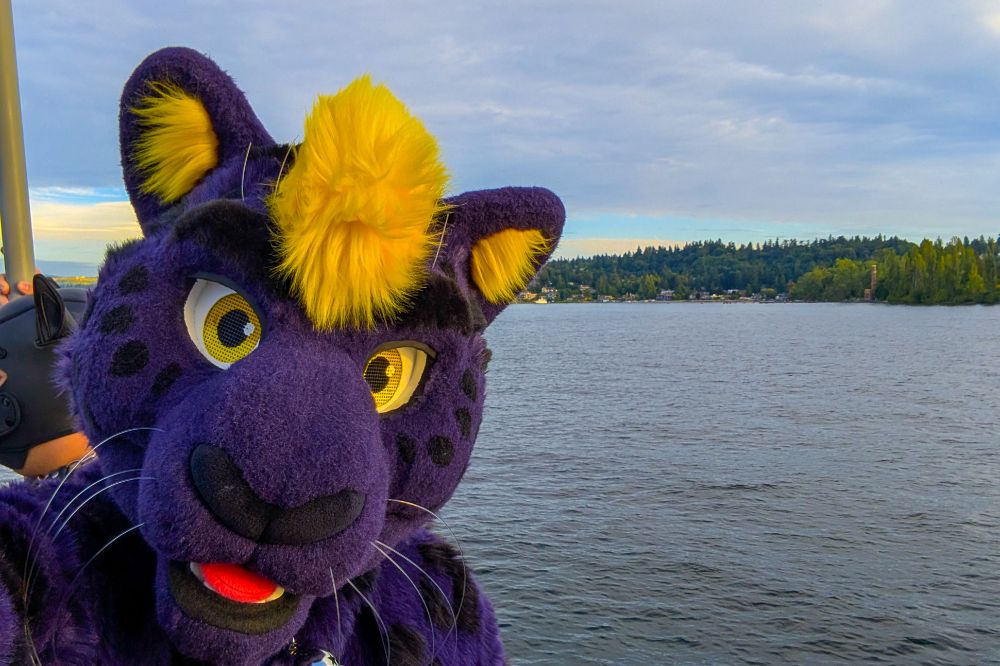 Finn, a purple and yellow fursuiter, on a party boat