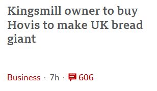 BBC news headline reading "Kingsmill owner to buy Hovis to make UK bread giant"