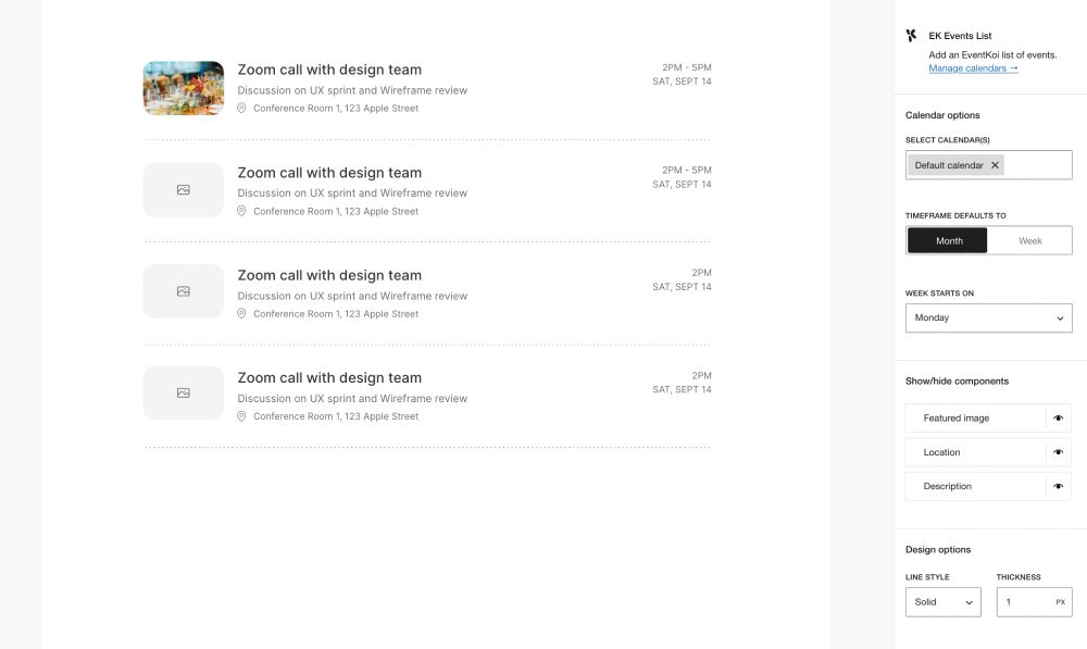 Mock up of EventKoi's upcoming events list block.