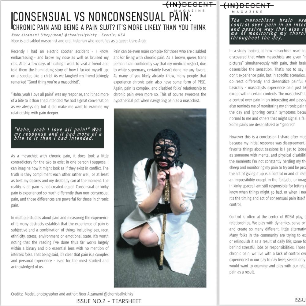 Screenshot of the article “Consensual vs Nonconsensual Pain” with a photo of noor in a white dress, black corset, black lace hood, kneeling as they hold onto their gold studded cane 