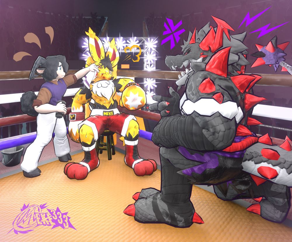 Break during a boxing match: Meke (The yellow bunny boxer with shiny red gear and golden gloves), with a bloody nose, some blood leaking out his mouth and a cut on his cheek, gives out a large huff as he diligently listens to Akima (his dragon coach), who scolds and gives him coaching for the next round. Akima looks fierce and shouts.
While Meke gets coaching, Zell (the sheep who treats Meke) wipes Meke's cheek with a towel, in particular to remove the blood from the cut Meke received, and holds a water bottle. Zell looks nervously at Meke's condition, worried about his well-being throughout the fight.