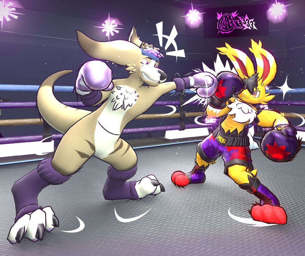 Tundra (the boxer kangaroo on the left)  throws a quick, but strong jab targetted to his opponent's face. Meke (the bunny boxer on the right) blocked the the jab with his right glove and winds up to punch with his left glove in retaliation.

Both seem to have fun as the fight has only begun. Tundra has a wide smirk on his face. Meke has a mischievous and playful smile.