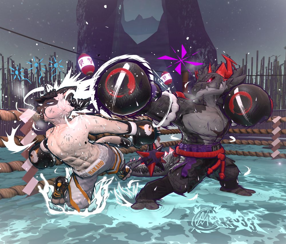 Hotspring Ring:
Haruki (the cat boxer on the left) gets punched in his cheek as his body gets turned around. He got lift up from the ground and flies to his right side. He's knocked out of and completely dizzy. Drool and Spit comes flying out of his mouth.
Akima (the dragon boxer on the right) looks really focused and raspy. 
Both of the boxers look tired and bruised up. As steamy breath comes out of their mouths. Water splashes up and around.