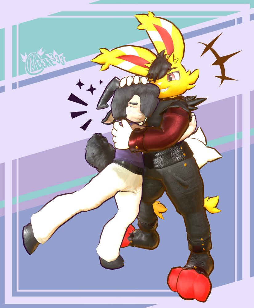 Zell jumps into a hug, one leg in the air, resting his head at Meke's chest and his arms embraces Meke's back. Zell looks really pleased as Meke pats his head and holds his back as well.
Meke has one eye closed and grins at Zell and chuckles.