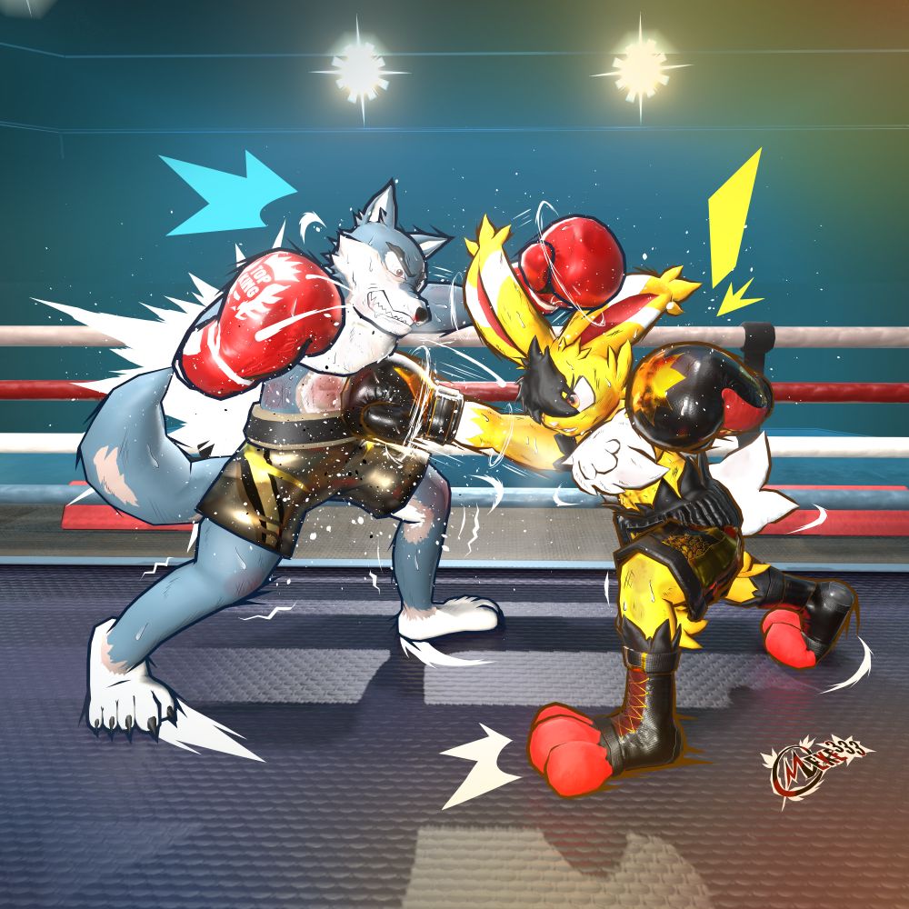 Viperwolf (the wolf boxer to the left) takes a heavy cross/straight from Meke (the bunny boxer to the right). Viperwolf clenches his teeth, spitting some saliva. He is taken by suprise that his jab got countered immediately by Meke leaning forward, pushing that punch in. Meke on the other hand looks exhausted, but also has a focused expression.
Both look extremely beaten with swolen spots on their body and face already with sweat flying around the area of impact. They have a air of hot steam coming out of their mouth.