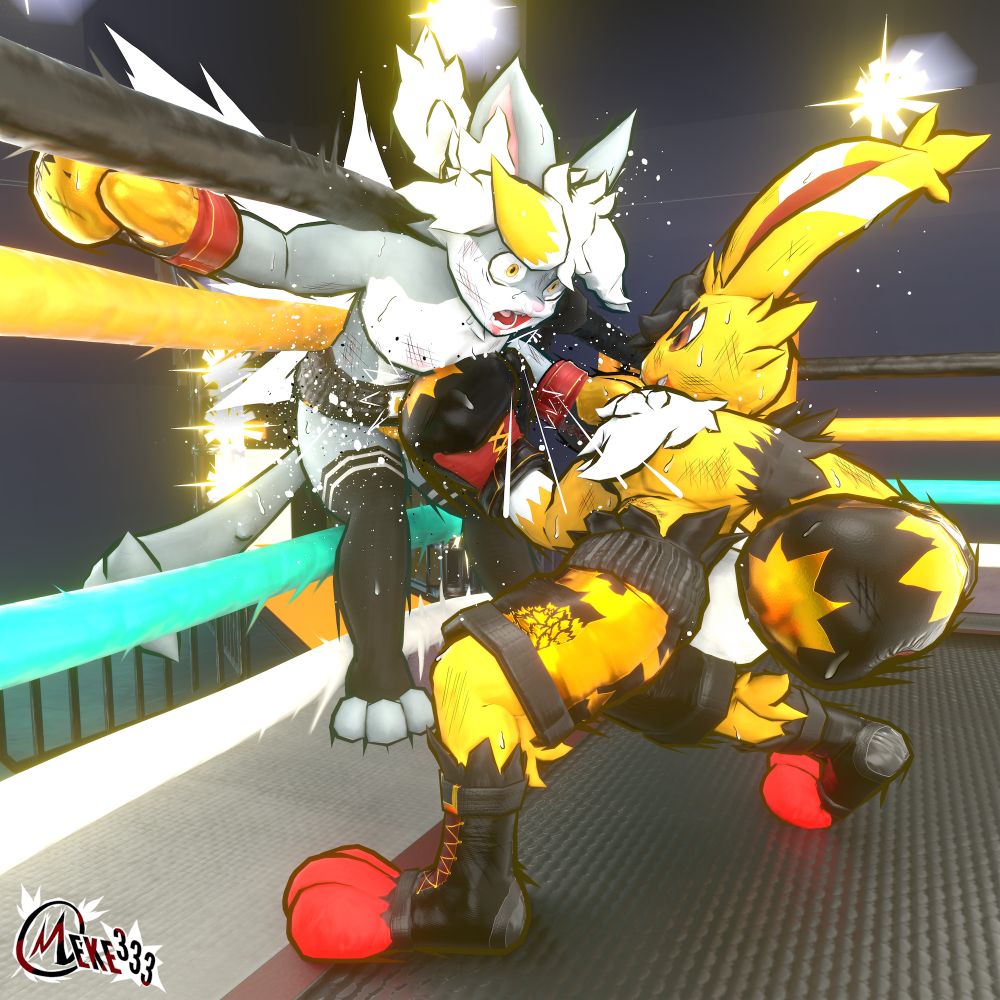 Iso (on the left with the yellow gear and hair) is getting an gut uppercut from Meke (on the irght with black-gold gear). Iso gets rammed into the ropes and gets lift up in the air from that punch. 
Both fighters are bruised and a lot more sweat flies around the two, especially near the impact area. The ropes are bent away from the middle and vibrates on the impact. 

Iso has a very agonizing expression, while Meke has a faint sassy smile on his face.