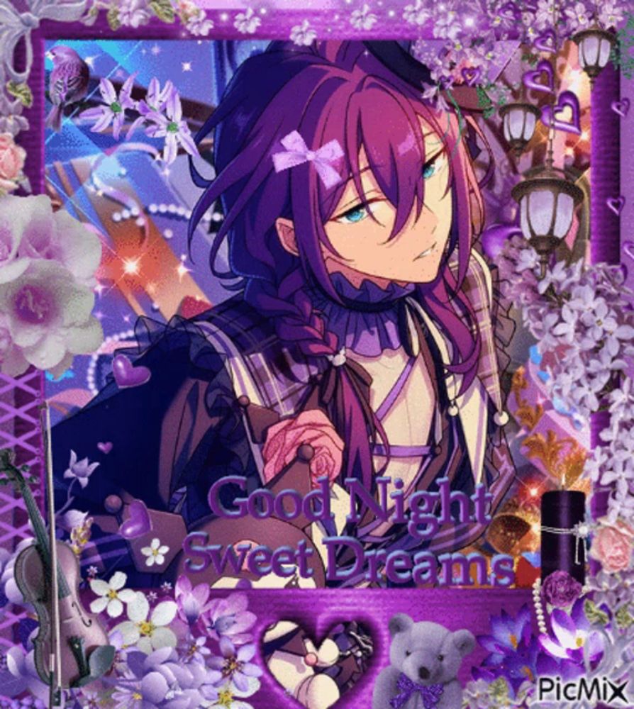 a picture of a boy with purple hair is surrounded by purple flowers and the words good night sweet dreams