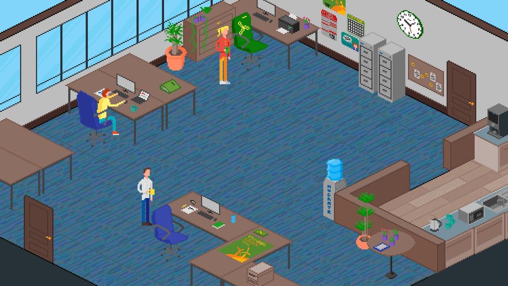 An office with an ugly blue carpet and grey walls. There's desks around the edges, a small kitchen in one corner, and three people milling about—one sitting and concentrating on a computer, the other two standing with cups of tea. The office has all the hallmarks of an office: messy desks, filing cabinets, ugly potted plants, posters on the wall (both company marketing and HR notices), a corkboard, a water-cooler, and in the office there's a small microwave, kettle, and coffee machine.