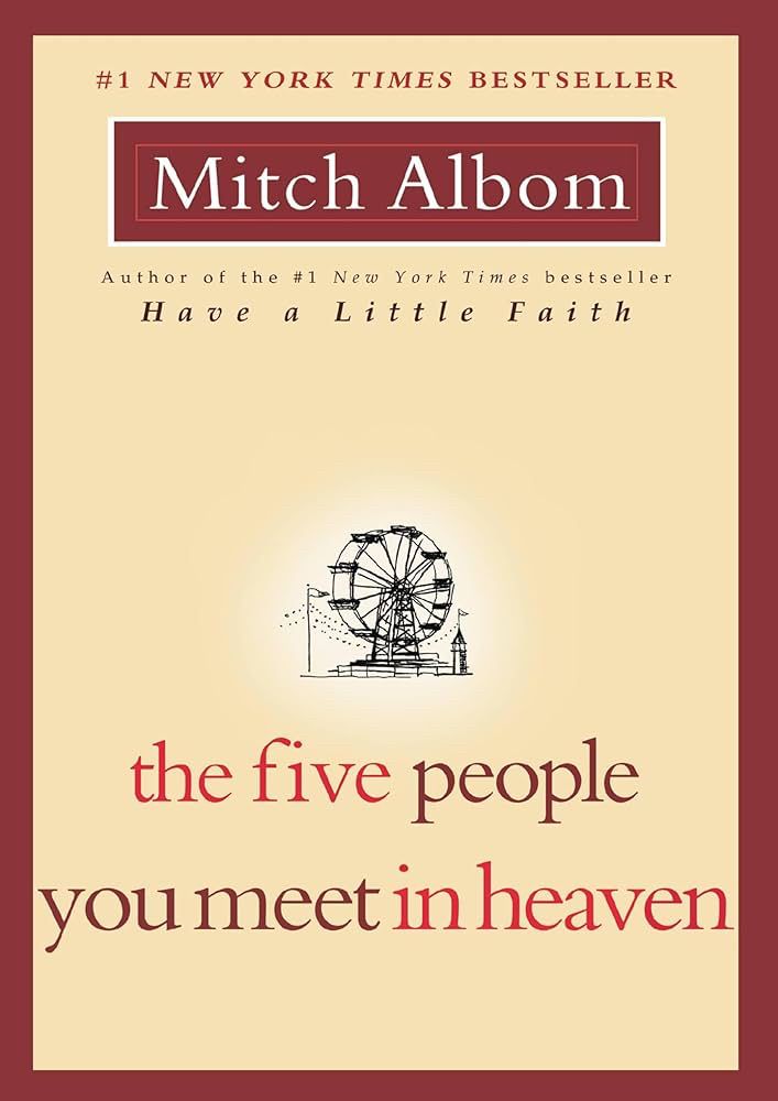 The book cover for the five people you meet in heaven by Mitch Albom. A pale background with a Ferris wheel in the middle 