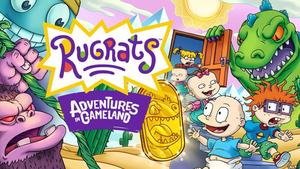 The poster for rugrats adventures in gameland Nintendo switch game. There’s a purple gorilla in the bottom left corner. Some kind of blue creature in the top left corner. I think it’s a baby bottle. A green reptar in the upper right corner. A gold reptar coin in the center. To the right of the coin is Tommy pickles. Chuckie is to his right. Phil Lil and Angelica follow behind Tommy